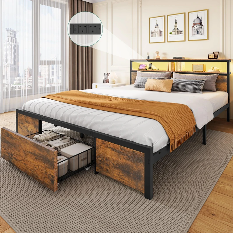 YITAHOME Bed Frame,LED with Headboard,Type-C USB Ports & Charging Outlets,Metal Platform Bed Frame No Box Spring Needed Super King Size Brown - Image 1