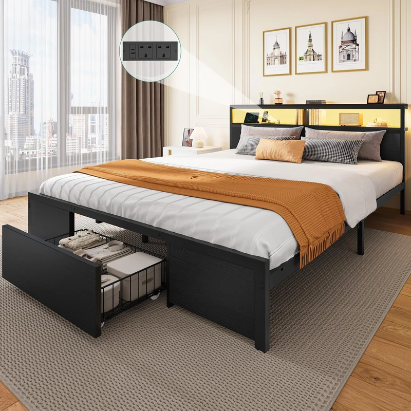 YITAHOME Bed Frame,LED with Headboard,Type-C USB Ports & Charging Outlets,Metal Platform Bed Frame No Box Spring Needed Super King Size Black