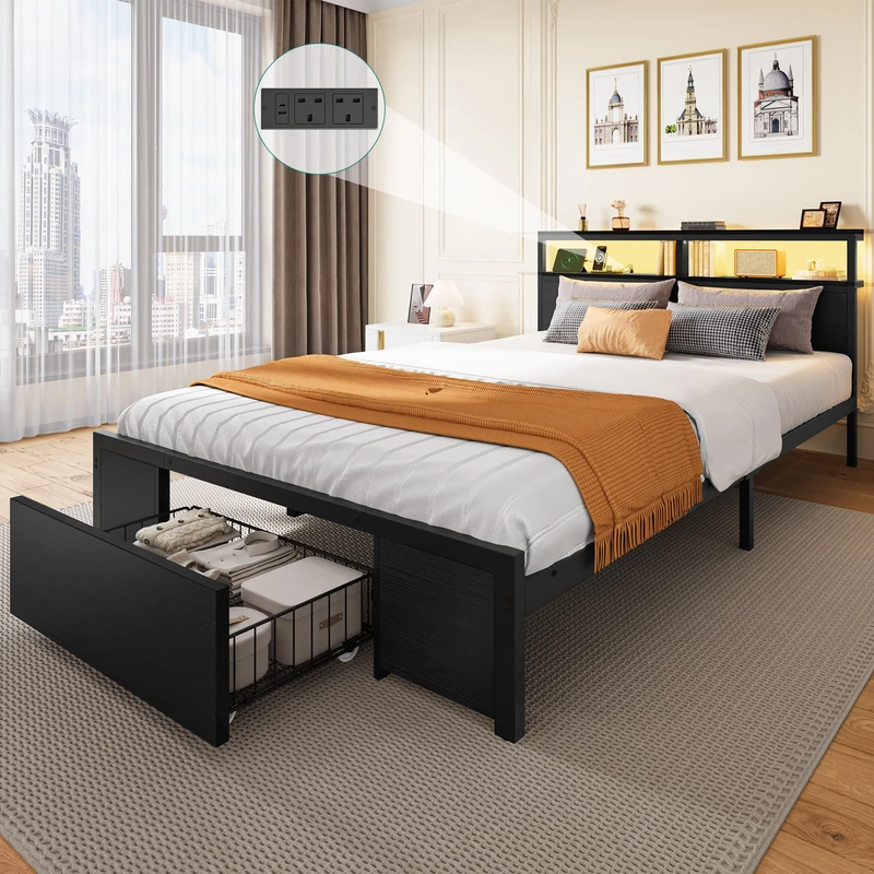 YITAHOME Bed Frame,LED with Headboard,Type-C USB Ports & Charging Outlets,Metal Platform Bed Frame No Box Spring Needed King Size Black