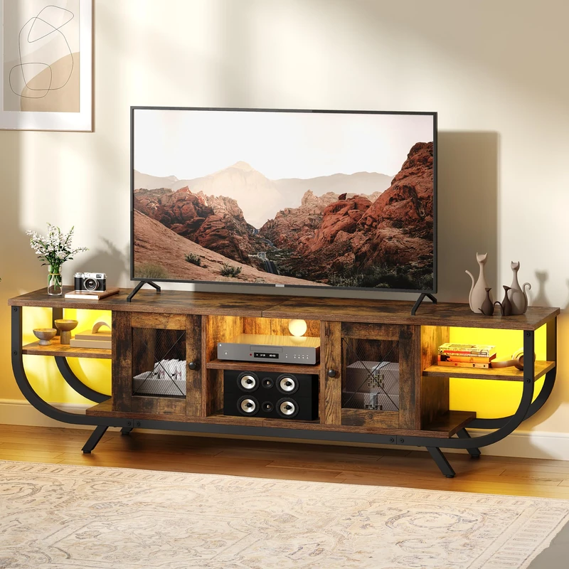YITAHOME Industrial 160cm TV Stand Cabinet with LED Lights,TV Unit with Storage Cabinets & Open Shelves, Metal Frame TV Cabinet Fits Up to 65 Inch TV for Living Room,Rustic Brown