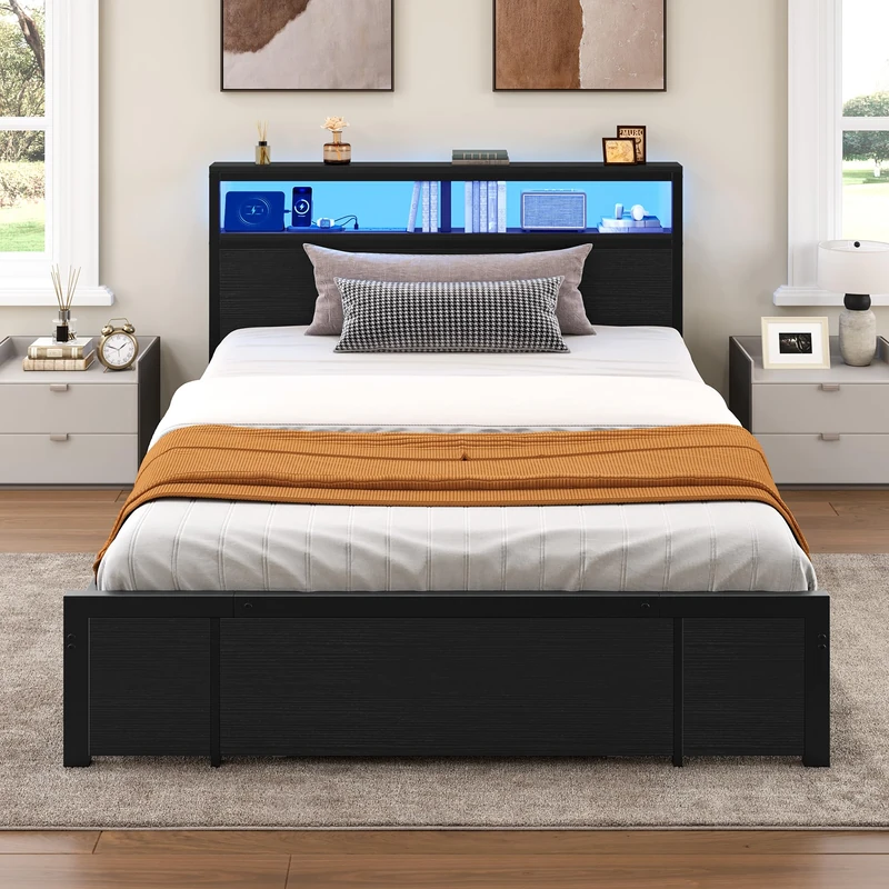 YITAHOME Bed Frame,LED with Headboard,Type-C USB Ports & Charging Outlets,Metal Platform Bed Frame No Box Spring Needed Double Size Black