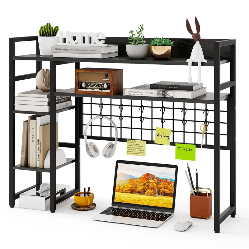 HOMFME Desktop Bookshelf with Storage Grid, Multipurpose Countertop Hutch with 4 Storage Shelves, 6 Hooks & 2 Anti-toppling Kits, Metal Frame Desk Shelf Unit for Home Office (Black)