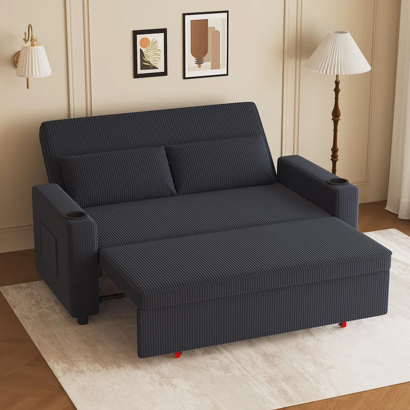 JUMMICO 62.99" Pull Out Sofa Bed with Adjustable Backrest Sleeper Sofa 2 Seater Convertible Small Couches Modern Corduroy Fabric For Living Room Bedroom,Navy