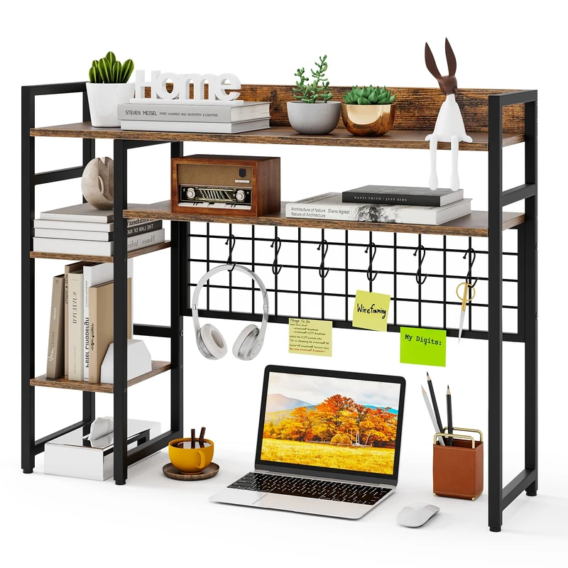 HOMFME Desktop Bookshelf with Storage Grid, Multipurpose Countertop Hutch with 4 Storage Shelves, 6 Hooks & 2 Anti-toppling Kits, Metal Frame Desk Shelf Unit for Home Office (Rustic Brown)