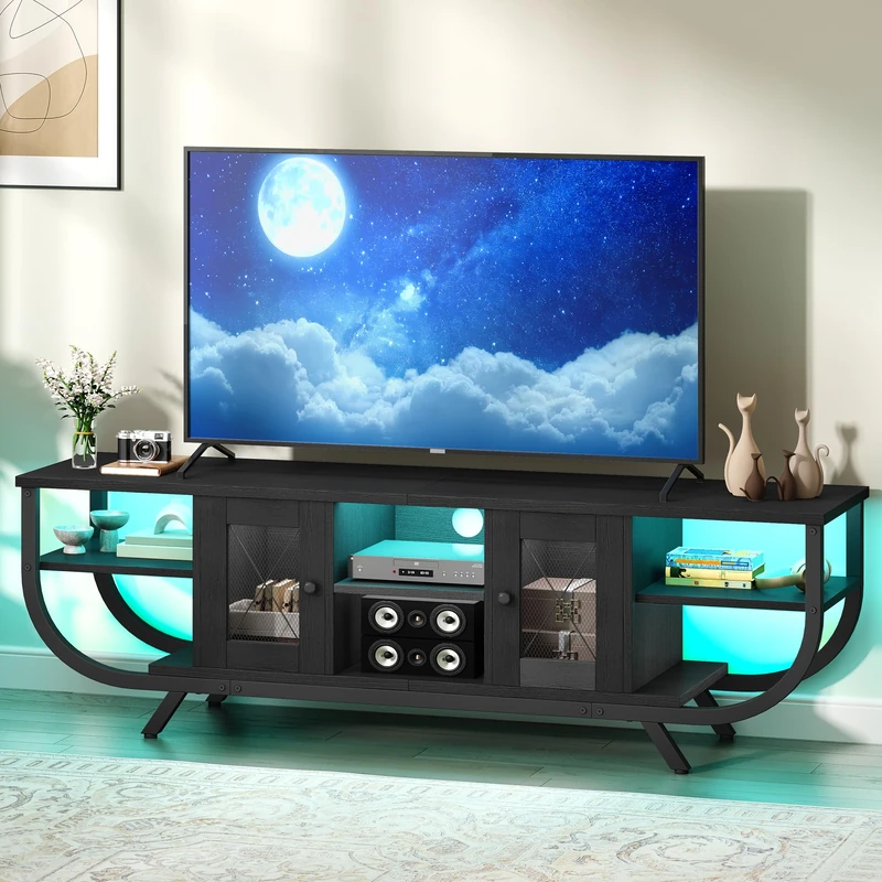 YITAHOME Industrial 140cm TV Stand Cabinet with LED Lights,TV Unit with Storage Cabinets & Open Shelves, Metal Frame TV Cabinet Fits Up to 65 Inch TV for Living Room,Black