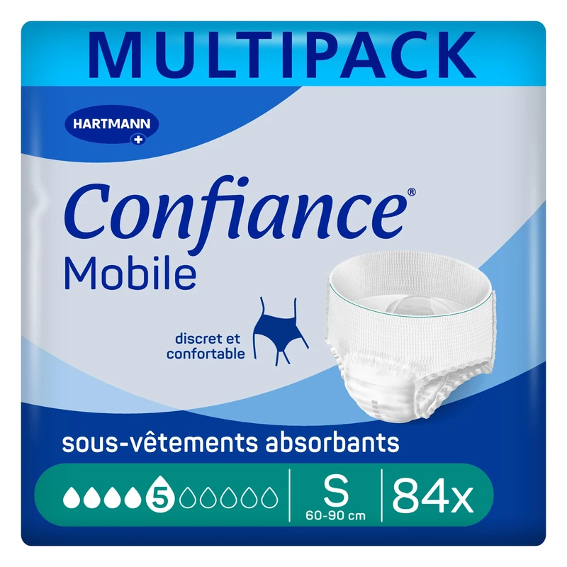 Confiance Mobile Absorbent Briefs for Men and Women – Absorption Level = 5 Drops (Medium Urinary Leakage) – Discreet and Effective – pH Neutral to The Skin – Size S – 6 x 14 Units