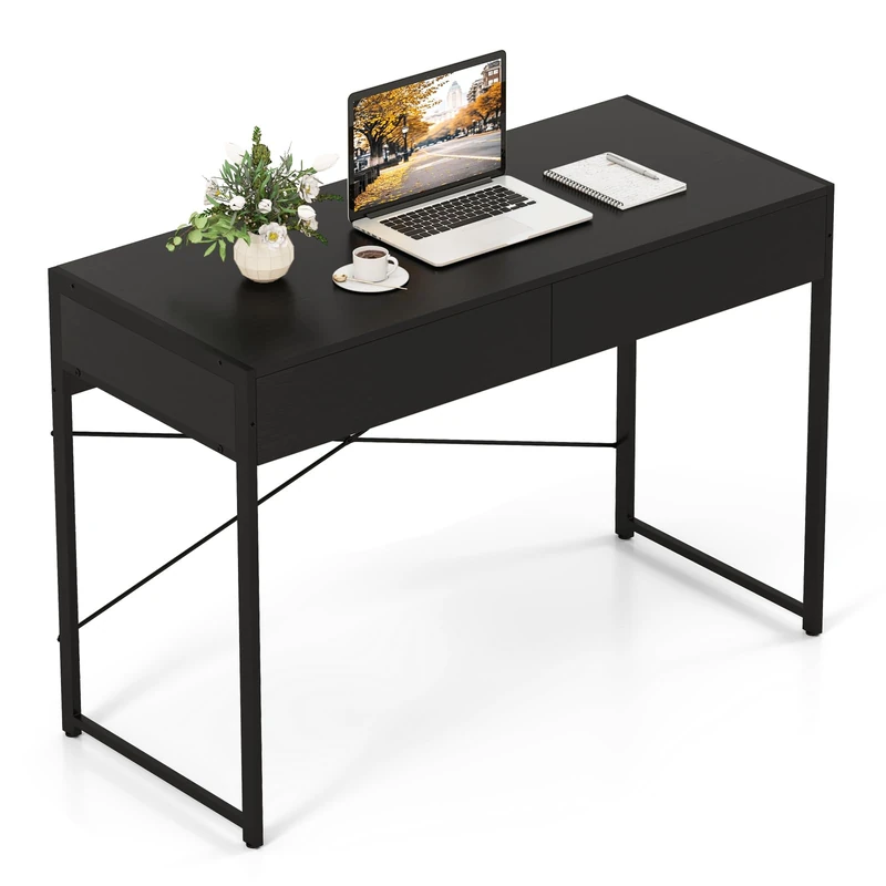 HOMFME 2-Drawer Computer Desk, 111cm Home Office Desk PC Table with Metal Frame & Anti-tipping Kits, Modern Writing Study Workstation and Multifunctional Dressing Table for Bedroom (Black)