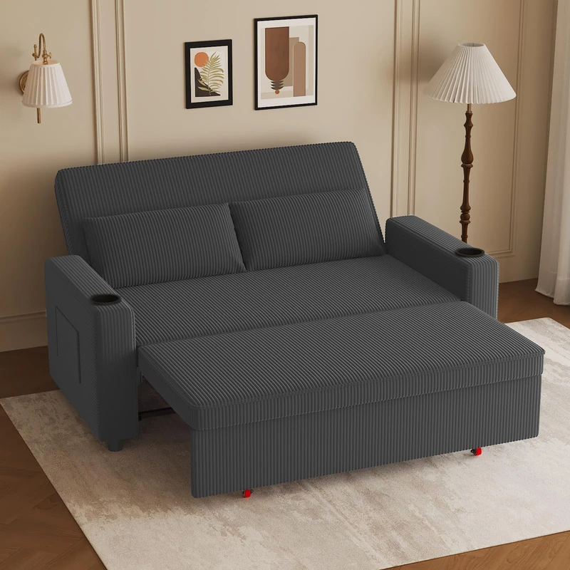 JUMMICO Pull Out Sofa Bed with Adjustable Backrest Sleeper Sofa 2 Seater Convertible Small Couches Modern Corduroy Fabric For Living Room Bedroom,75×160×93 cm,Gray