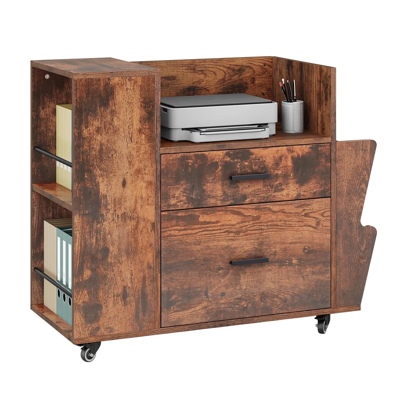 YITAHOME Rolling Filing Cabinet with Side Racks & 4 Wheels, File Cabinet with Adjustable Hanging Rods for A4/Letter Documents, Printer Stand for Home Office, Brown