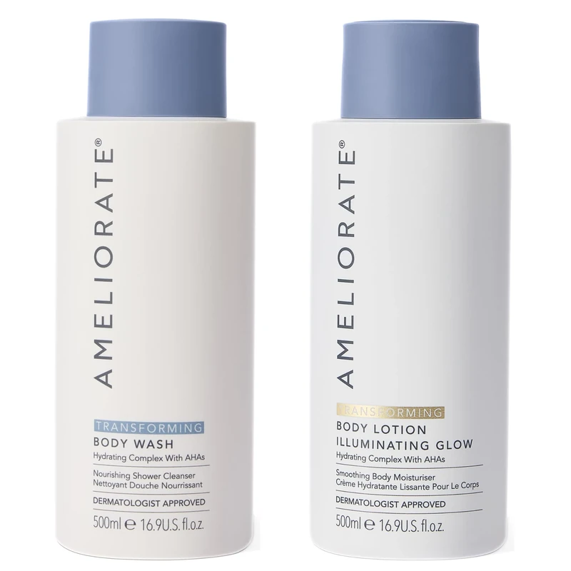 AMELIORATE Glow Boosting Duo | Includes Illuminating Glow Body Lotion & Body Wash | For KP & Dry Skin | Dermatologically Approved & Made in the UK