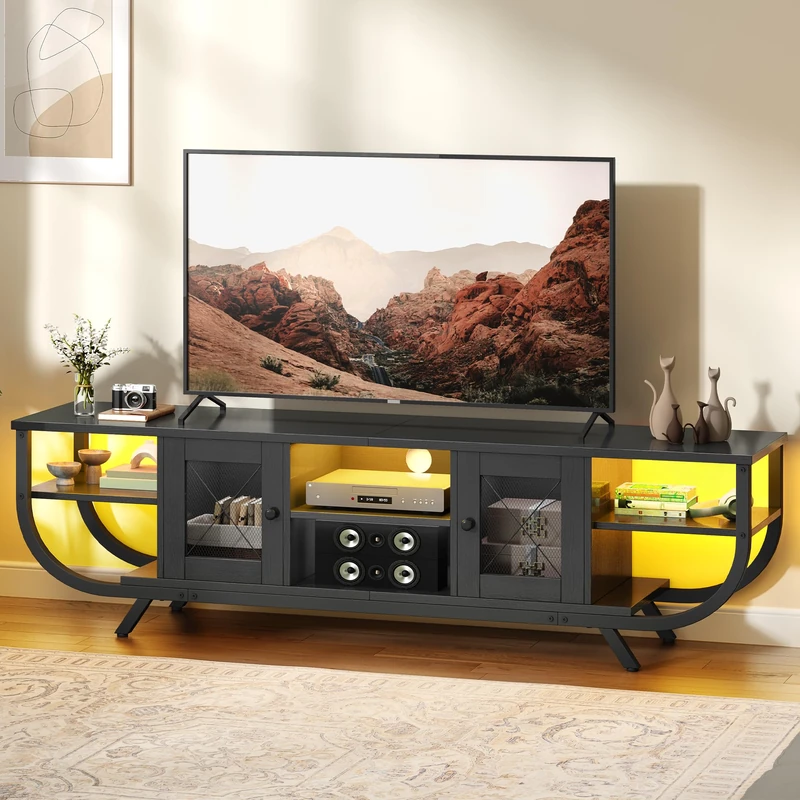 YITAHOME Industrial 160cm TV Stand Cabinet with LED Lights,TV Unit with Storage Cabinets & Open Shelves, Metal Frame TV Cabinet Fits Up to 70 Inch TV for Living Room,Black