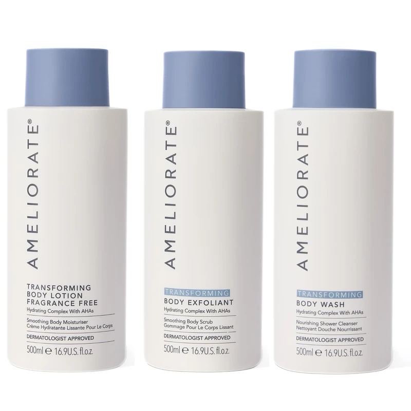 AMELIORATE Smooth Skin Supersize Bundle Fragrance Free | Includes Transforming Body Lotion, Exfoliant & Wash in 500ml Supersizes | For KP, Dry Skin & Razor Bumps | Dermatologist Approved