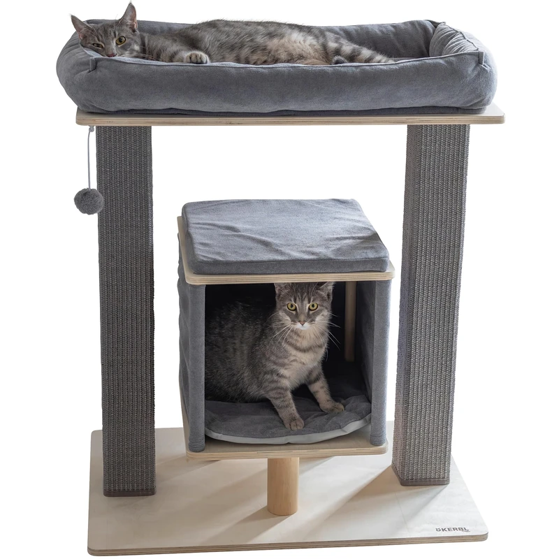 Kerbl Pet Noah III Cat Scratching Post 75 x 50 x 92 cm, Grey/Natural, Birch Plywood, Multi-Cat Household, Modern Scratching Furniture, Sisal Column, Large Bed, Washable