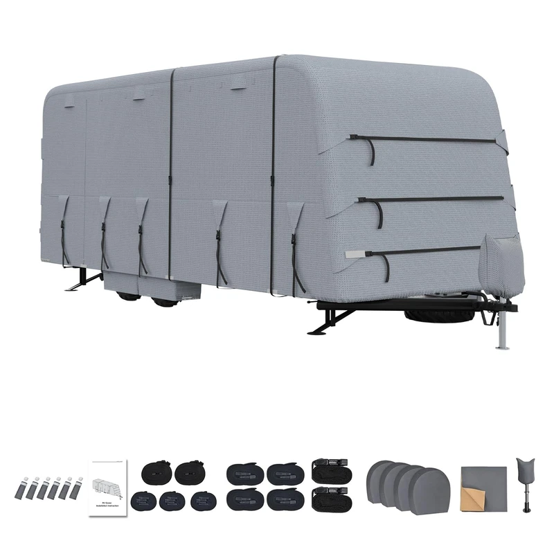 Caravan Cover, Waterproof Motorhome Cover, Travel Trailer RV Cover with Repair Patches & Tire Covers & Storage Bag, 4-Ply Breathable Caravan Protection for Trailer RV Outdoor Use, 1005×267×274 cm