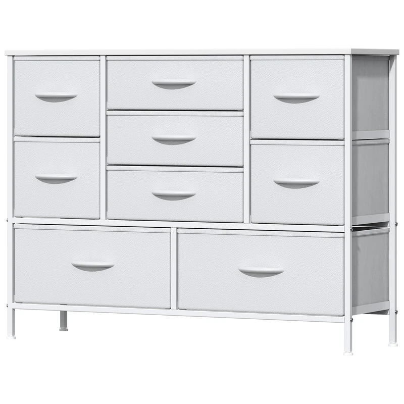 Feonase Chest of Drawers, Bedroom Dresser with 9 Fabric Drawers, Metal Frame & MDF Wood Top, Adjustable Feet, Storage Organizer Unit for Bedroom, Closet, Living Room, Hallway, White