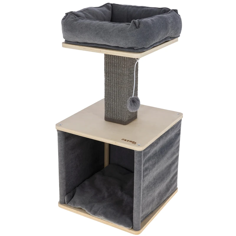Kerbl Pet Noah II Cat Scratching Post Grey/Natural 38 x 38 x 78 cm Solid Wood for Cats and Kittens with Sisal Column Washable Bed Modern Design - Image 1