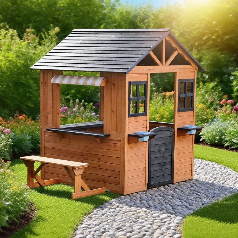 Kiddo Meadow Wooden Playhouse with Seating Bench, Half Door, Open Windows, Outdoor Home Playset for Kids, Ages 12 Months+