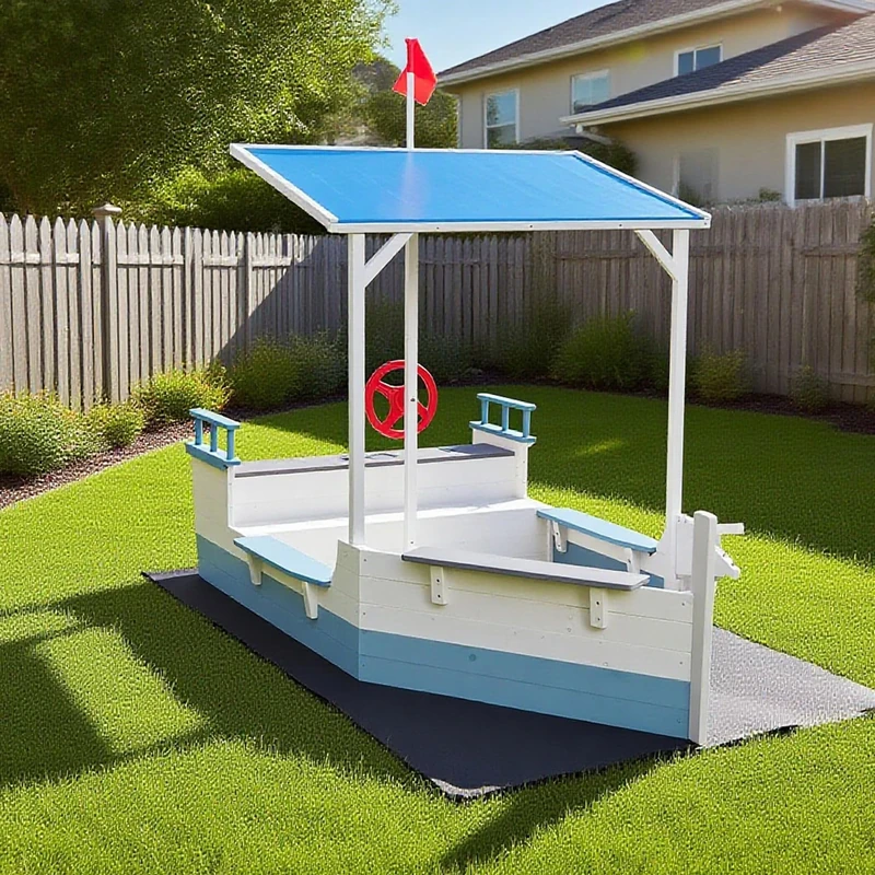 Kiddo Skipper Sandpit Boat with Canopy, Steering Wheel, Seating and Flag Pole, Blue and White, Outdoor Play Sand Pit for Children with Base Sheet
