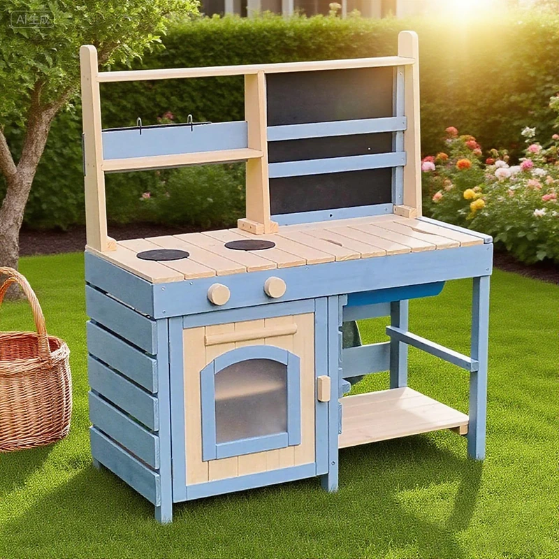 Kiddo Acorn Wooden Mud Kitchen Outdoor Cooking Playset with Oven with Hob, Chalkboard, Blue, Includes Accessories, Ages 12 Months+