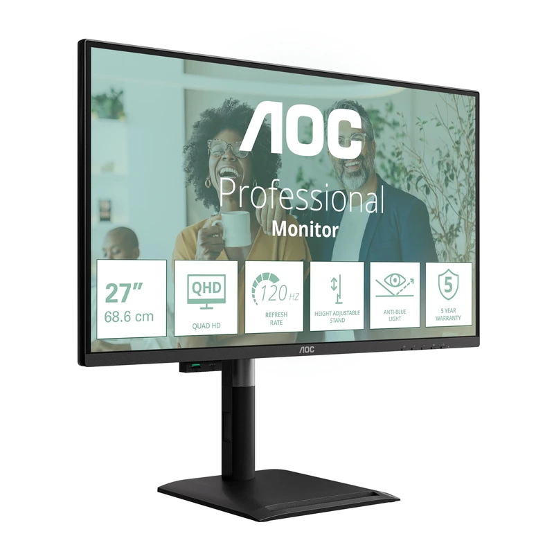 AOC Q27P4CV 27 inch WQHD USB-C Monitor 120Hz, IPS Panel, 4ms GtG, Adaptive Sync, HDR Mode, Height Adjustment, Speakers, (2560x1440 HDMI 1x 2.0 DP 1.4 USB Hub) Black