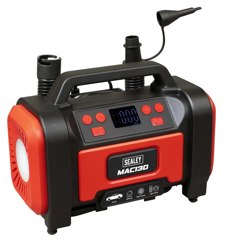 Sealey 12V/230V AC Tyre Inflator & High-Volume Pump, Air Compressor, 120psi, Dual Power, LED Worklight - MAC13D