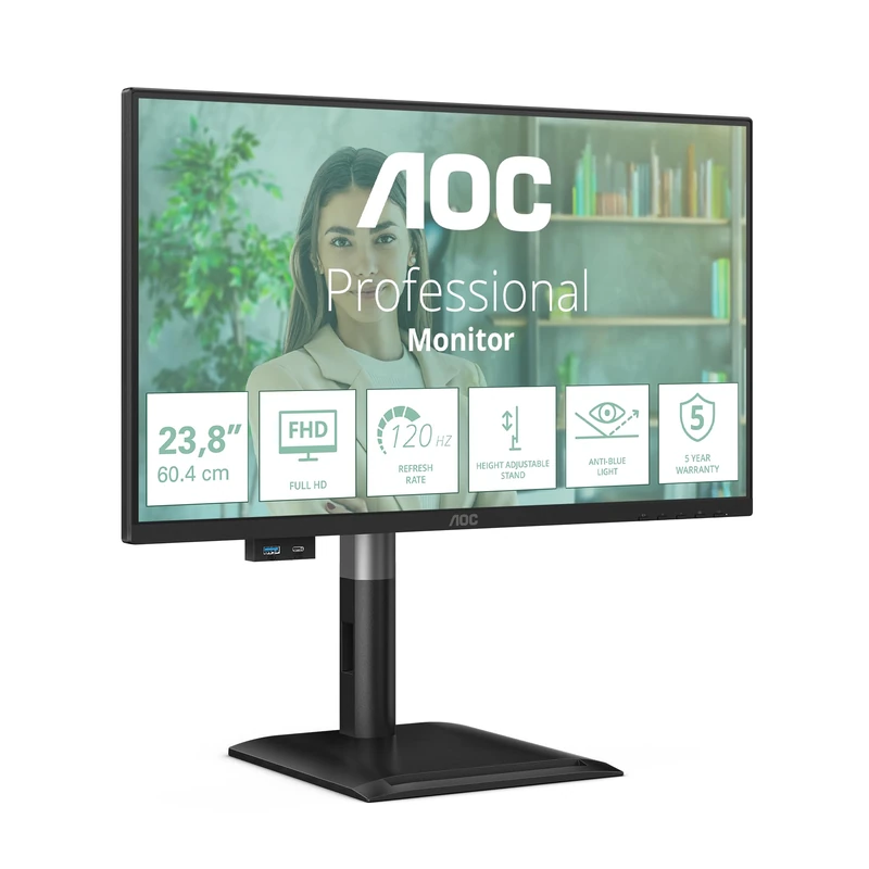 AOC 24P4CV 23.8 inch FHD USB-C Monitor 120Hz, IPS Panel, 4ms GtG, Adaptive Sync, HDR Mode, Height Adjustment, Speakers, (1920x1080 HDMI 1x 1.4 DP 1.4 USB Hub) Black