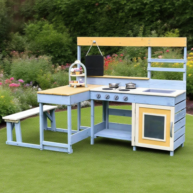 Kiddo Bramble Wooden Mud Kitchen Outdoor Corner Cooking Playset with Breakfast Bench, Blue, Includes Accessories, Ages 12 Months+
