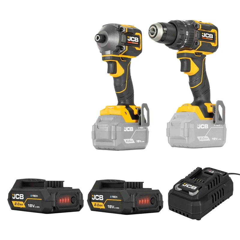 JCB Pro 18V Brushless Twin Pack - Combi Drill (75Nm) & Impact Driver (230Nm) - Includes 2X 5.0Ah High Capacity Batteries, 4.5A Fast Charger & Hard Case - Cordless Power Tool Set - 3 Year Warranty