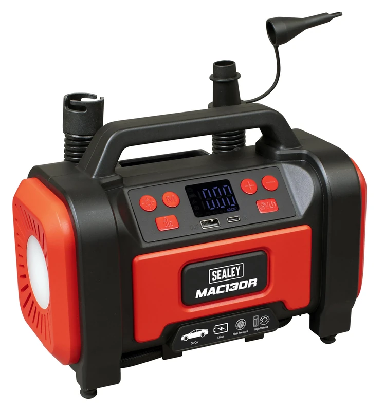 Sealey Rechargeable/12V Tyre Inflator & High Volume Pump, Air Compressor, LED Worklight, psi, kPa and bar - MAC13DR - Image 1