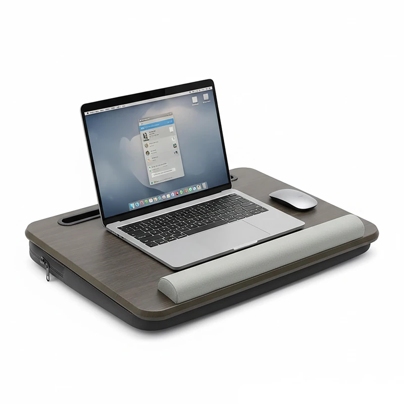 Relaxdays Lap Cushion with Bag, Phone Holder, Wrist Rest, Brown/Grey, 43 x 32 cm