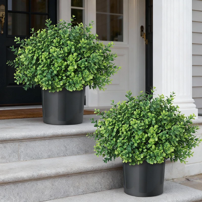 FOTEEWL Set of 2 Artificial Boxwood Topiary Trees for Front Door - Faux Realistic Greenery Potted Plants, Fake Outdoor UV-Resistant Bushes with Pots for Porch,Farmhouse,Home,Garden Decor