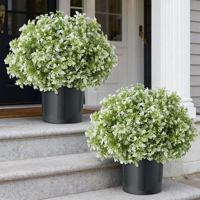 2 Set 17" Artificial Boxwood Topiary Ball Trees for Outdoor(White-Green)