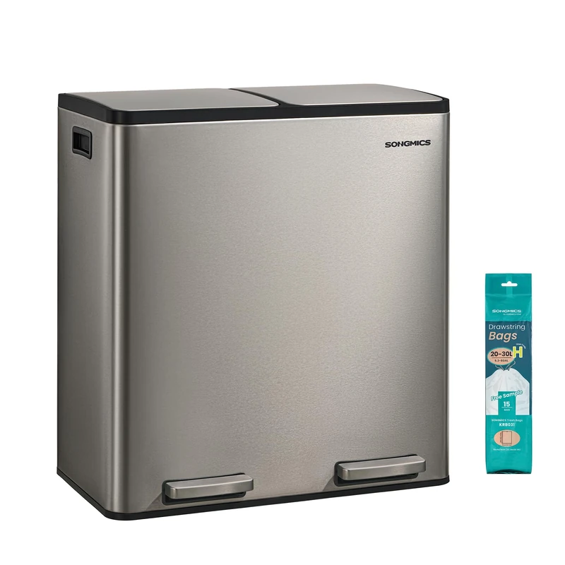 SONGMICS 2 x 8 Gallon (2 x 30 L) Kitchen Bin, 2-Compartment Recycling Bin with 15 Rubbish Bags, Removable Inner Buckets, Lid, Handles, Soft Close, Stainless Steel, Silver LTB160EZ01