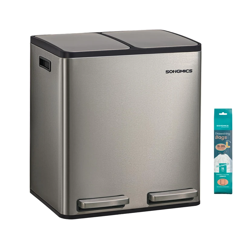 SONGMICS 2 x 4 Gallon (2 x 15 L) Kitchen Bin, 2-Compartment Recycling Bin with 15 Rubbish Bags, Removable Inner Buckets, Lid, Handles, Soft Close, Stainless Steel, Silver LTB130EZ01