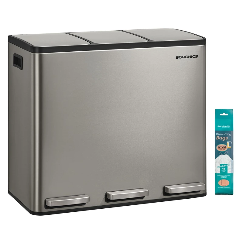 SONGMICS 3 x 4.8 Gallon (3 x 18 L) Kitchen Bin, 2-Compartment Recycling Bin with 15 Rubbish Bags, Removable Inner Buckets, Lid, Handles, Soft Close, Stainless Steel, Silver LTB254EZ01