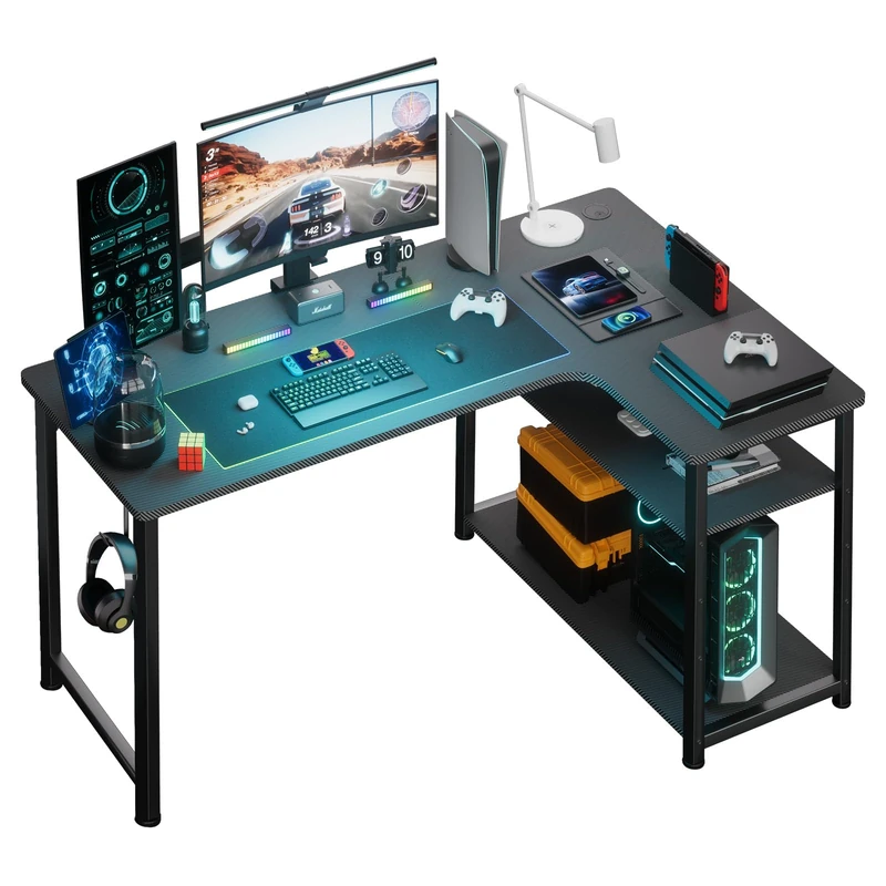 COMHOMA L Shaped Gaming Desk 100x80CM Corner Computer Desk with Shelves Headphone Hook PC Table Workstation for Home Office Bedroom (Black, 100CM)