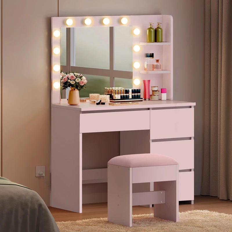 YITAHOME Dressing Table with Mirror and Stool, 3 Lighting Modes Makeup Vanity Desk Set with 4 Drawers & Storage Shelves, Modern Dressing Table Set with Stool for Bedroom Dressing Room, Pink