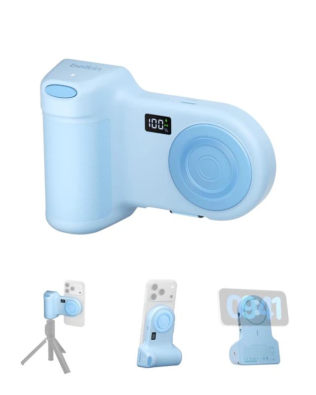 Belkin Stage PowerGrip, Magnetic Wireless Charging Camera Grip 9300mAh, Power Bank with Retractable USB C Cable, Bluetooth Connection, Tripod Attachment, LCD Screen, Portable Charger for iPhone, Pixel - Image 1