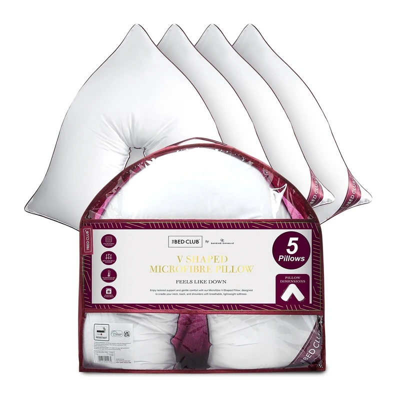 GC GAVENO CAVAILIA V Shape Pillow 5 Pack - Soft & Supportive Orthopaedic Pillows with Microfiber Filling - 36cm Deep Comfort Cushion for Back & Neck Support at Home and Hotel Pillow -(75x40cm), White