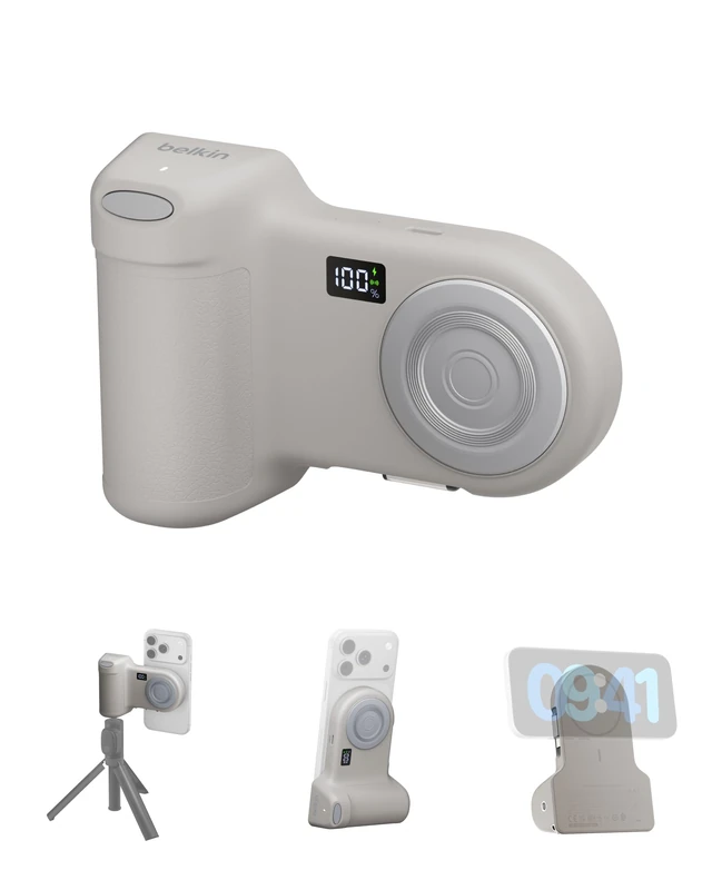 Belkin Stage PowerGrip, Magnetic Wireless Charging Camera Grip 9300mAh, Power Bank with Retractable USB C Cable, Bluetooth Connection, Tripod Attachment, LCD Screen, Portable Charger for iPhone, Pixel