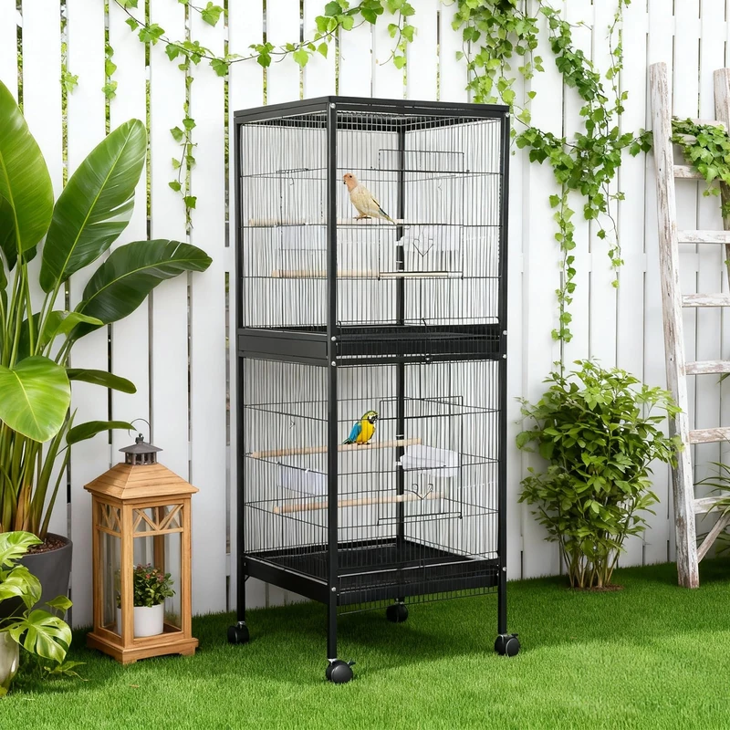Large Bird Cage 52 x 50 x 143 cm Parrot Cage with Stand Aviary on Wheels with 4 Perches Bird Cage with Wheels Cockatiel Cage Budgie - Image 1
