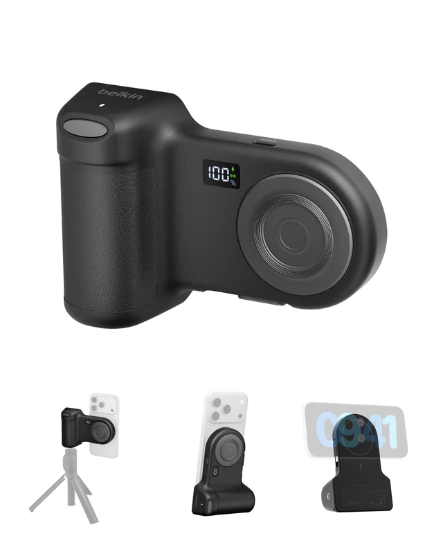 Belkin Stage PowerGrip, Magnetic Wireless Charging Camera Grip 9300mAh, Power Bank with Retractable USB C Cable, Bluetooth Connection, Tripod Attachment, LCD Screen, Portable Charger for iPhone, Pixel