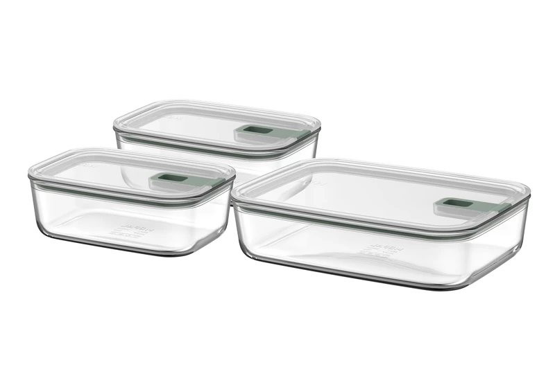 Mepal - Set Glass Food Container EasyClip - Container with lid & sliding closure - Meal prep boxen - Suitable for microwave, steamer, refrigerator and freezer - 2x 1000 + 2250 ml - Nordic sage