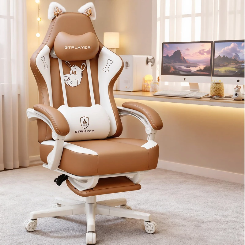 GTPLAYER Gaming Chair, High Back Computer Chairs with Footrest for Adults Ergonomic Lumbar Support Height Adjustable Swivel PC Chair with Cat Ears