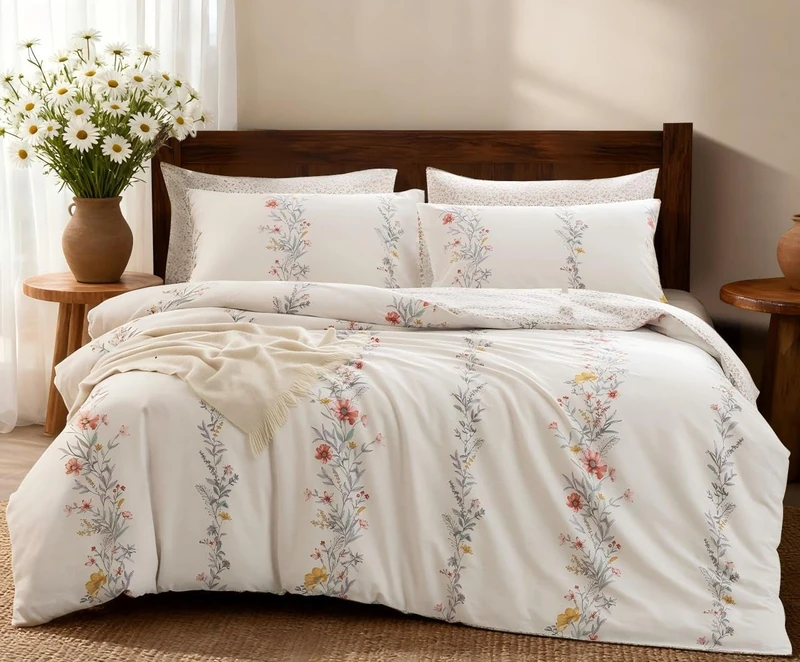 SLEEPBELLA Duvet Cover Queen, 600 Thread Count Cotton Red & Yellow Floral Pattern Flower Reversible Comforter Cover(Queen, White Floral)