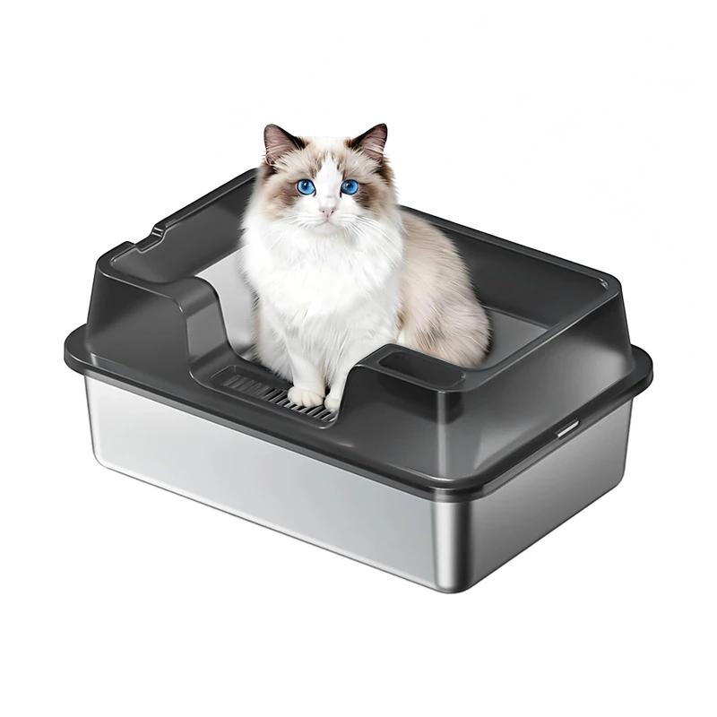 Stainless Steel XXL Cat Litter Tray, Large Capacity, Leak-Proof with High Rim, Against Spills, Easy to Clean, 60 x 40 x 27 cm, Black - Image 1