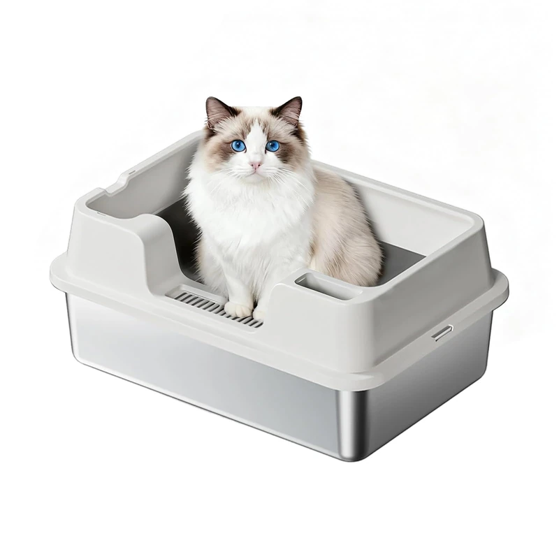 Stainless Steel XXL Cat Litter Tray, Large Capacity, Leak-Proof with High Rim, Against Spills, Easy to Clean, 60 x 40 x 27 cm, White