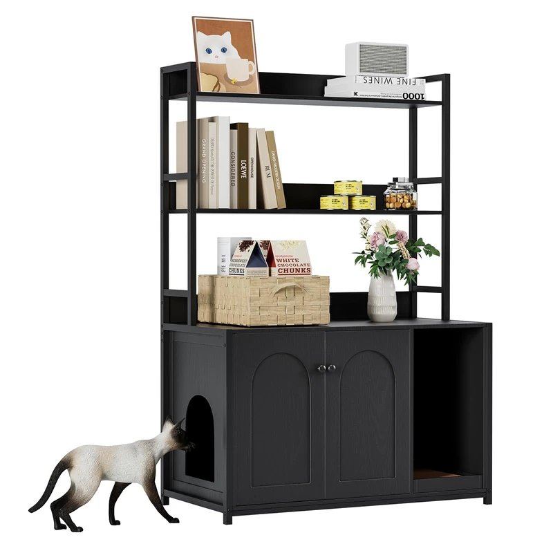 3-in-1 Cat Cabinet with Bookshelf, Hidden Cat Litter Tray with Door, Scratching Post, 3 Levels, 89 x 45 x 132 cm, Modern Indoor Cat House for 2 Cats - B - Image 1