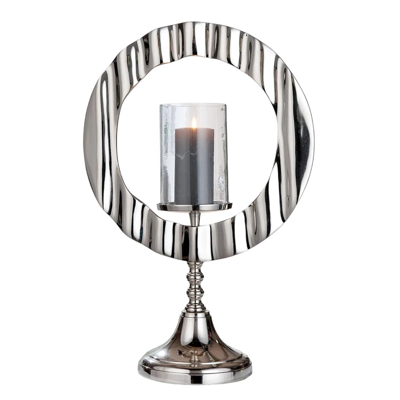 Casablanca Circulus Candlestick, Aluminium and Glass, Round, Glossy, Silver, Height 53 cm