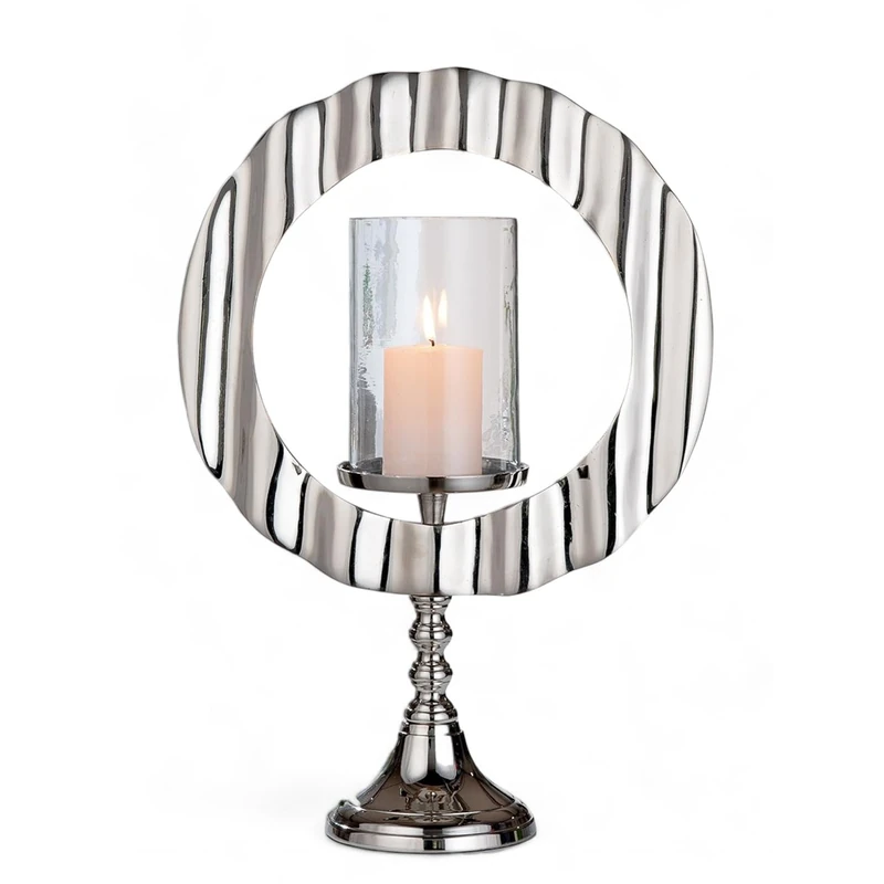 Casablanca Circulus Candlestick, Aluminium and Glass, Round, Silver, Glossy, Height 46 cm